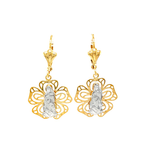 The Virgin Mary Flower Dangle Earrings, crafted from 14k gold filled materials and accented with silver-tone religious figures resembling the Virgin Mary, showcase exquisite floral designs. These earrings are not only elegant but also lead and nickel free for safe wear.